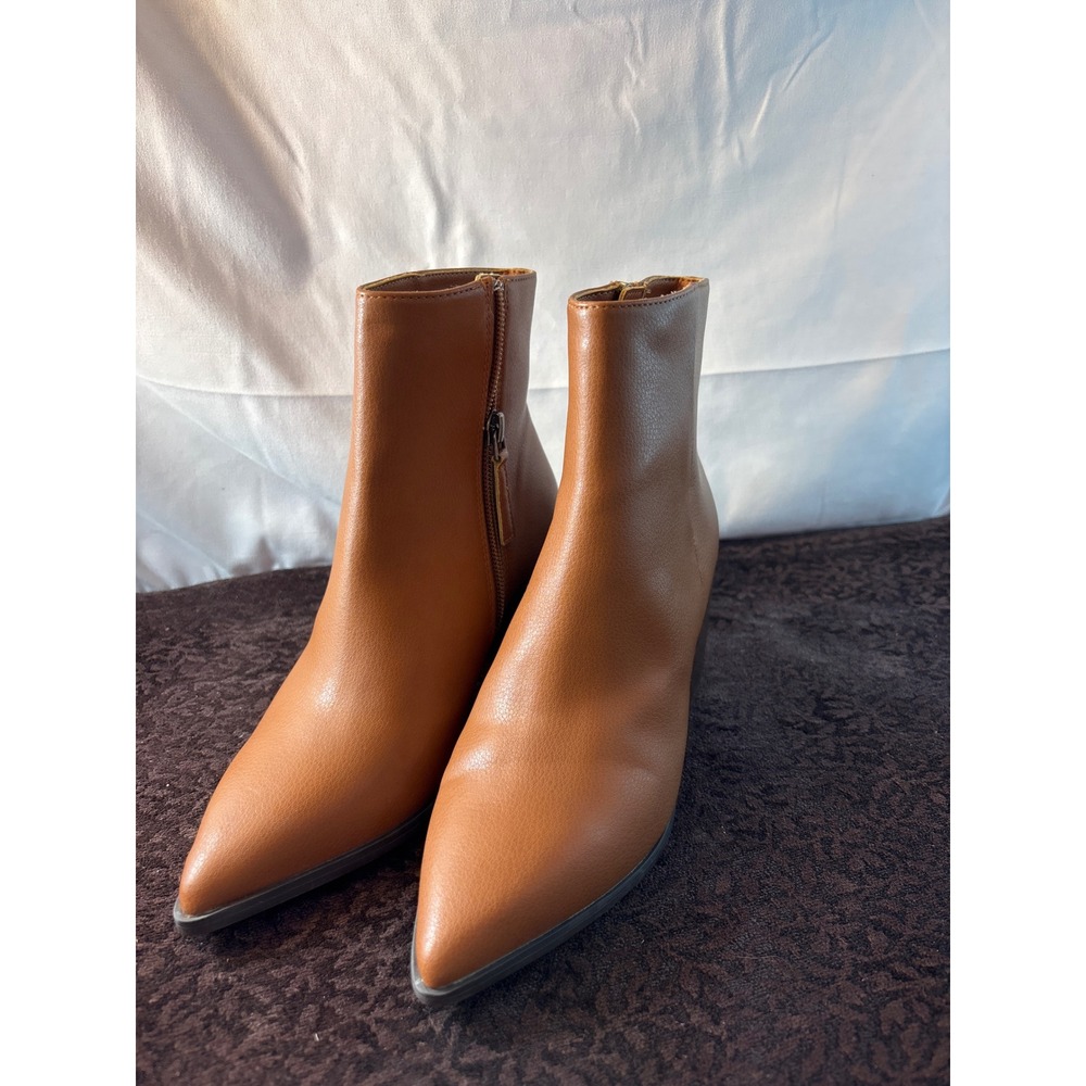 Line Paolo Cognac Brown Pointed Toe Block Heel Ankle Boots Size 4.5M